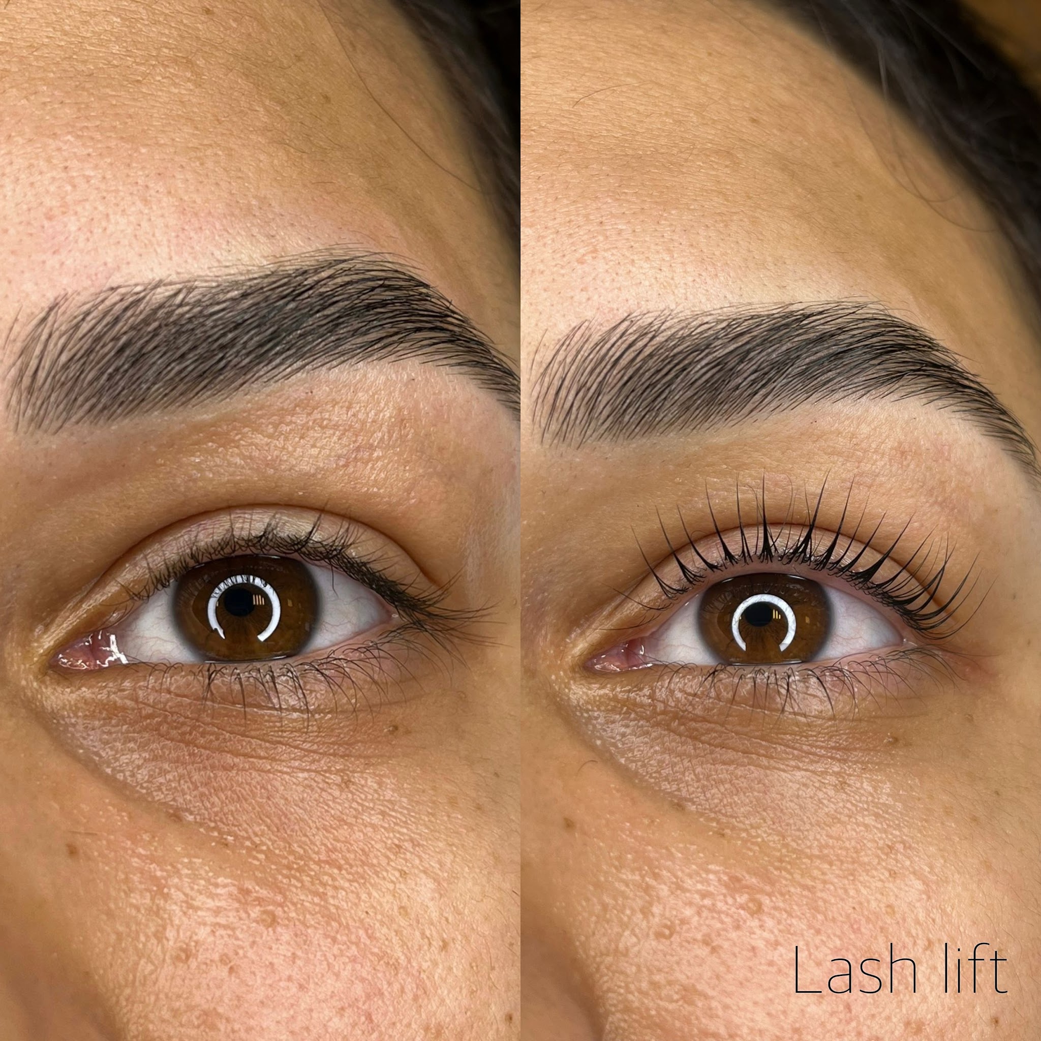 Lash lift: twee foto's van hetzelfde oog naast elkaar, de wimpers rechts gelift en gekruld